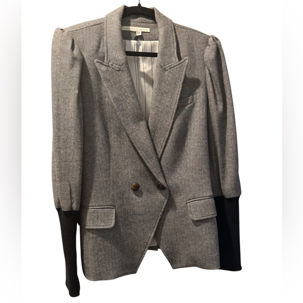 Veronica Beard herringbone black & white dickey jacket with puff sleeve size 16